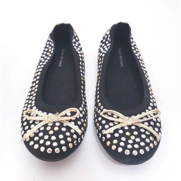 STUART WEITZMAN Women’s Silver NUBEADS STUDDED Black BALLET FLATS Size 2 Shoes - Picture 3 of 6